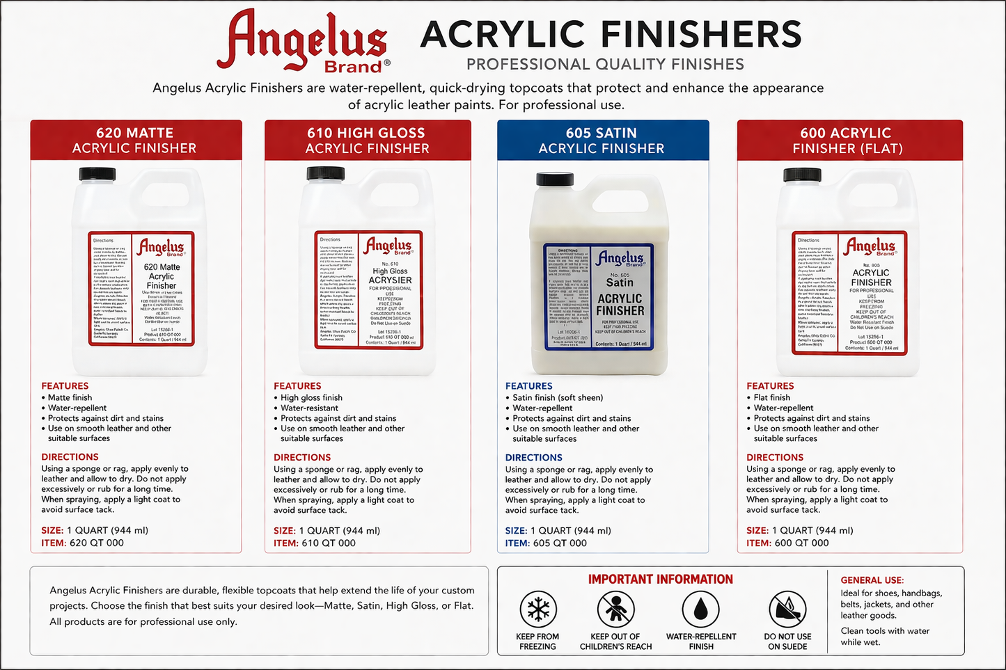 ANGELUS ACRYLIC FINISHERS LARGE 944mls For Use with Acrylic Paints shoecare247