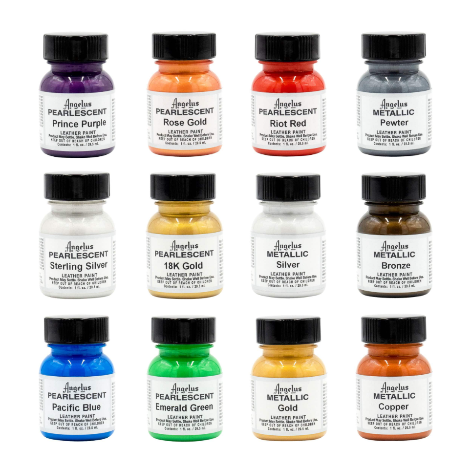ANGELUS ACRYLIC LEATHER PAINT - PEARLESCENT AND METALLIC PAINT KIT - 12 COLORS shoecare247
