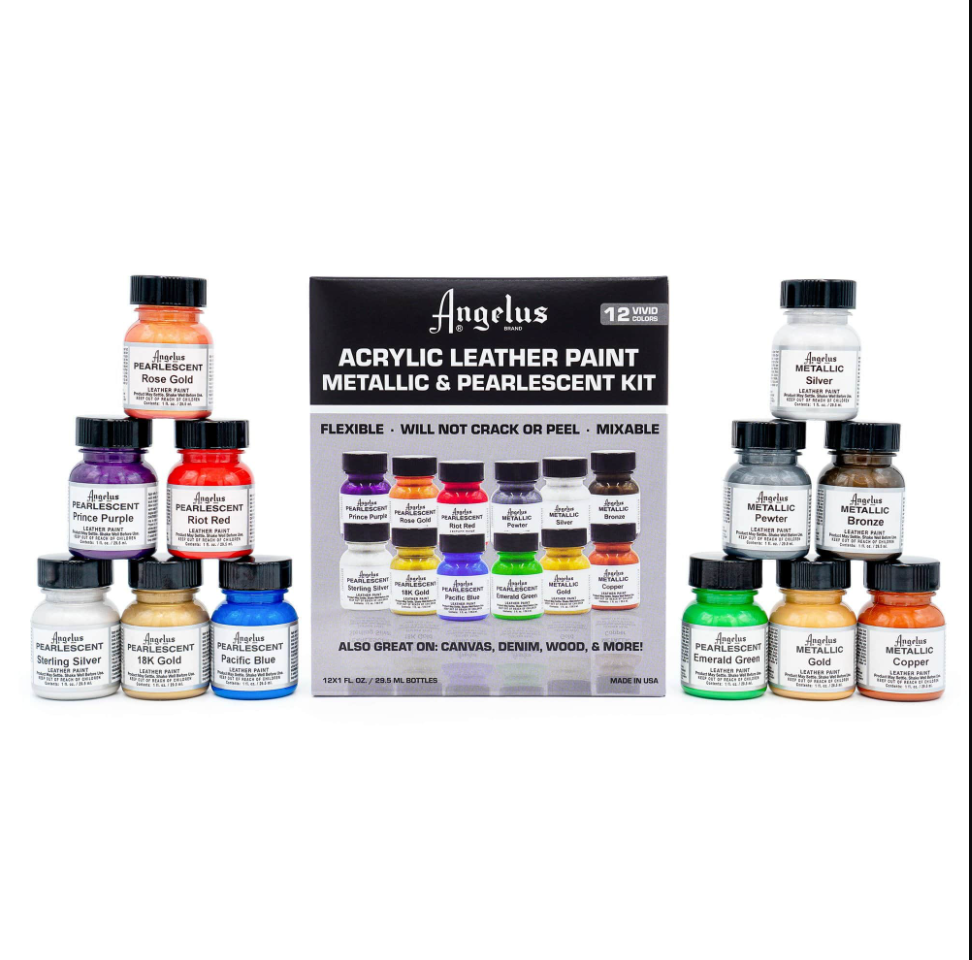 ANGELUS ACRYLIC LEATHER PAINT - PEARLESCENT AND METALLIC PAINT KIT - 12 COLORS shoecare247
