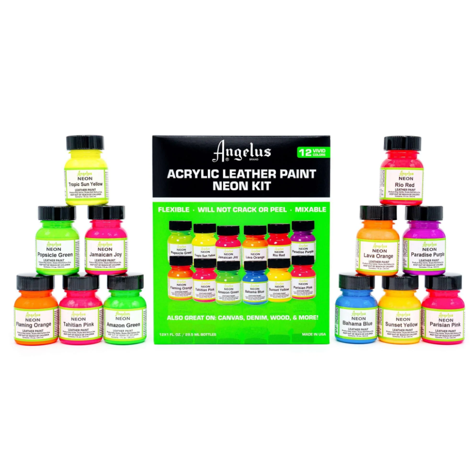 ANGELUS ACRYLIC LEATHER PAINT - NEON COLOR KIT - 12 COLORS shoecare247