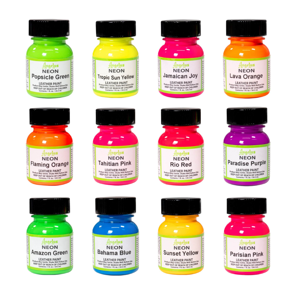 ANGELUS ACRYLIC LEATHER PAINT - NEON COLOR KIT - 12 COLORS shoecare247